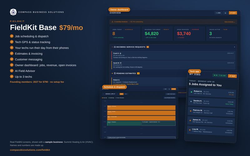 FieldKit screens: FieldKit Base, shown with a sample business