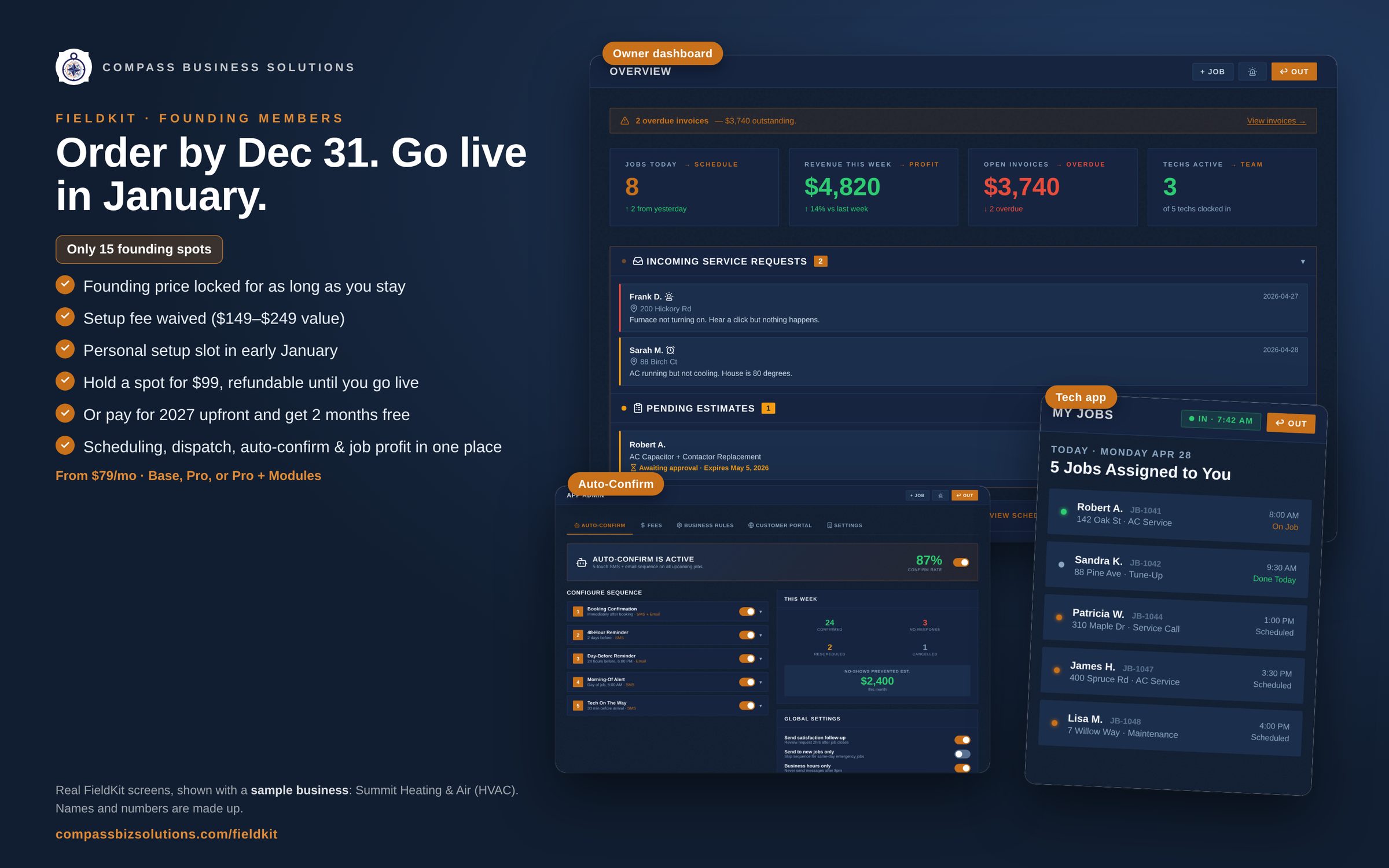 FieldKit screens: the FieldKit Founding Member offer, shown with a sample business
