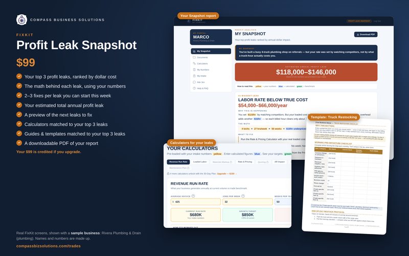 Screens from the Profit Leak Snapshot: sample business